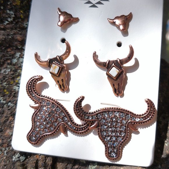 rose gold steer earrings set of 3 - Picture 1 of 1
